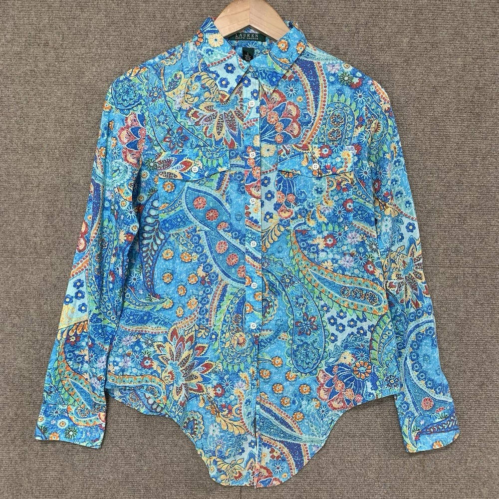 Ralph Lauren Blue Paisley Button Up Top Women Small Cotton Whimsigoth Atsy Retro